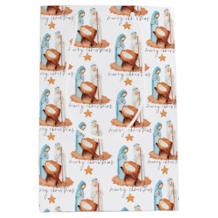 Sac Cadeau Moyen Simple Motif de la Nativité Script Joyeux Noël