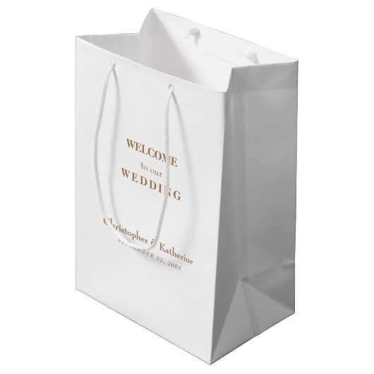 Sac Cadeau Moyen Simple White & Gold Custom Wedding Bienvenue (Devant Angle)