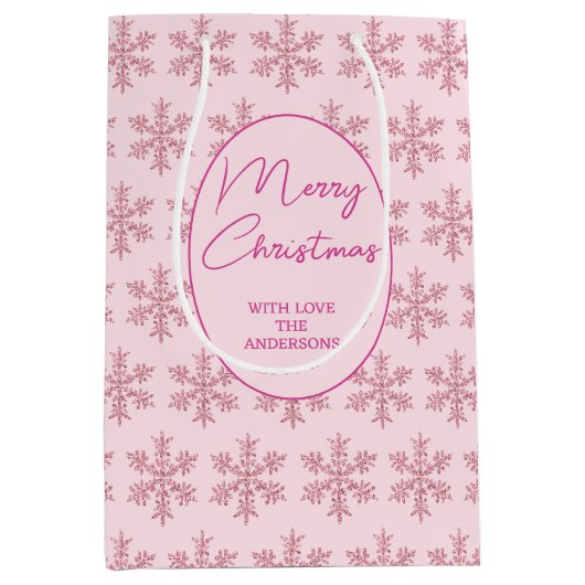 Sac Cadeau Moyen Snowflake Pink Glam Motif Script de Noël (Devant)
