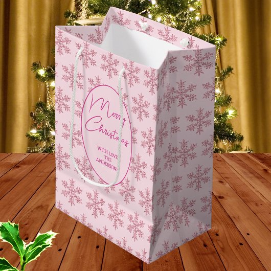 Sac Cadeau Moyen Snowflake Pink Glam Motif Script de Noël
