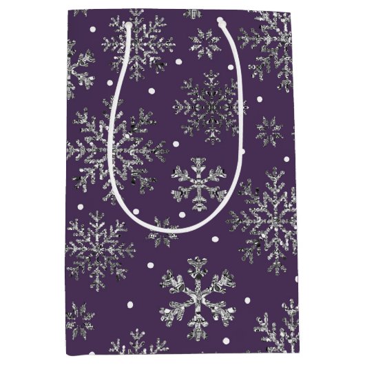 Sac Cadeau Moyen Snowflakes argenté violet Motif (Devant)