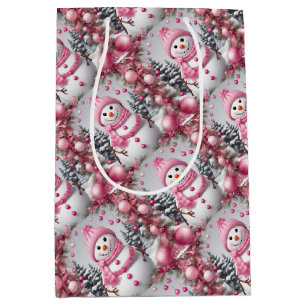 Sac Cadeau Moyen Snowman de Noël rose personnalisé