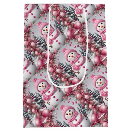 Sac Cadeau Moyen Snowman de Noël rose personnalisé (Dos)