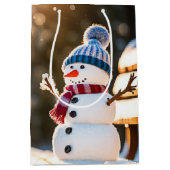 Sac Cadeau Moyen Snowman de Noël sur un banc de parc (Devant)