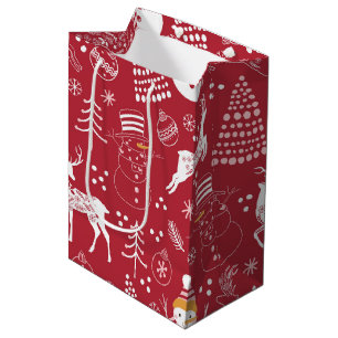 Sac Cadeau Moyen Snowman, sapin de Noël et cerf, rouge d'hiver