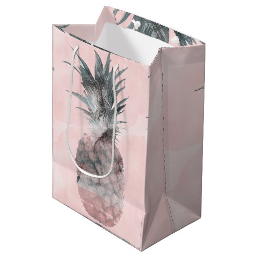 Sac Cadeau Moyen Soirée d'ananas rose Gold Pink Tropical (Devant Angle)
