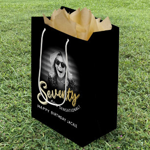 Sac Cadeau Moyen Soixante-dix or script et photo personnalisée 70e