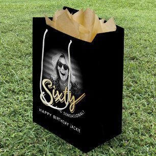 Sac Cadeau Moyen Soixante or écriture et photo personnalisée 60e an