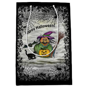 Sac Cadeau Moyen Sorcière, Chat, Chauve-souris et Citrouille, Bonne