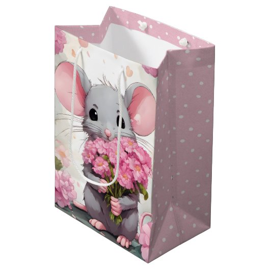 Sac Cadeau Moyen Souris aux fleurs roses et Pois (Devant Angle)