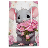 Sac Cadeau Moyen Souris aux fleurs roses et Pois (Devant)