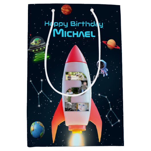 Sac Cadeau Moyen Space Rocket 2e anniversaire | Immense Collage Pho (Devant)