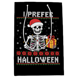 Sac Cadeau Moyen Squelette de Noël Je préfère Halloween Ugly Xmas