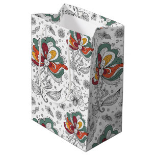 Sac Cadeau Moyen Style d'art abstrait floral doodle vert rouge jaun
