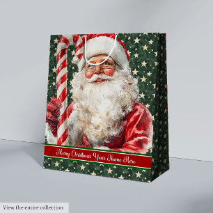 Sac Cadeau Moyen Sucre de canne classique Vintage Santa Claus aquar