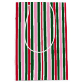 Sac Cadeau Moyen Sucre de canne de Noël rayures en rose vert et rou (Devant)