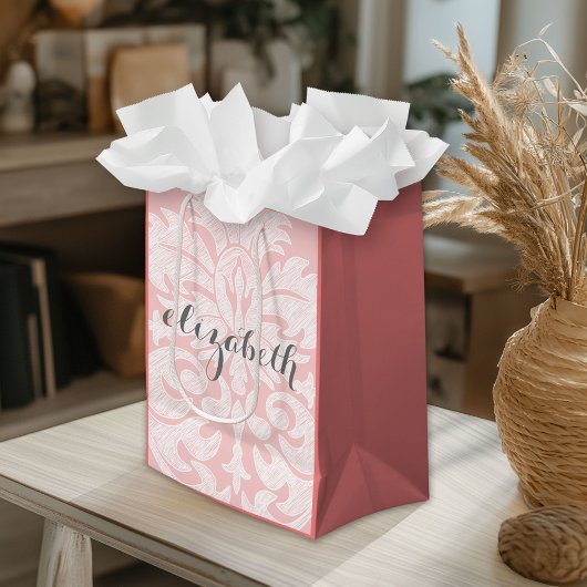 Sac Cadeau Moyen Suite Pastel Coral et Grey Damask pour femmes