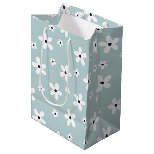Sac Cadeau Moyen Summer Boho Blue White Daisy Flowers (Devant Angle)