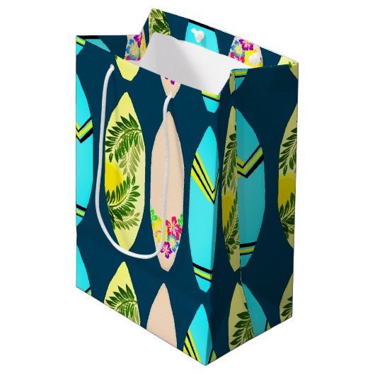 Sac Cadeau Moyen Surfboards tropicaux Illustré Marine Bleu (Devant Angle)