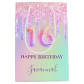 Sac Cadeau Moyen Sweet 16 gouttes de parties scintillant rose nom h (Devant)