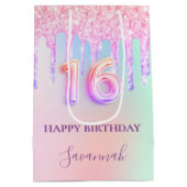 Sac Cadeau Moyen Sweet 16 gouttes de parties scintillant rose nom h (Dos)