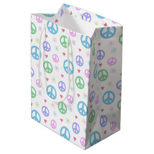 Sac Cadeau Moyen Symbole de paix, Fleurs & Coeurs