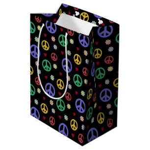 Sac Cadeau Moyen Symbole de paix, Fleurs & Coeurs