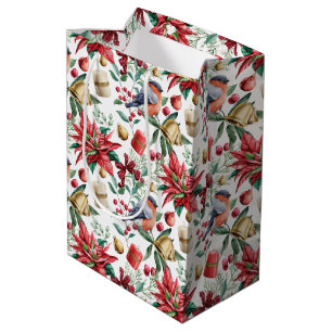 Sac Cadeau Moyen Symboles de Noël avec Poinsettia avec Robin Rouge