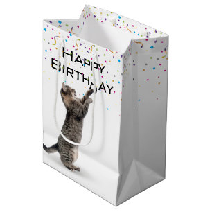 Sac Cadeau Moyen Tabby Chat d'anniversaire avec Confetti
