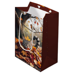 Sac Cadeau Moyen Tabby Chat en Pile de feuilles d'automne