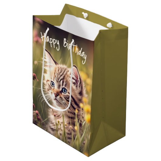 Sac Cadeau Moyen Tabby Kitten Anniversaire En Fleur sauvage (Devant Angle)