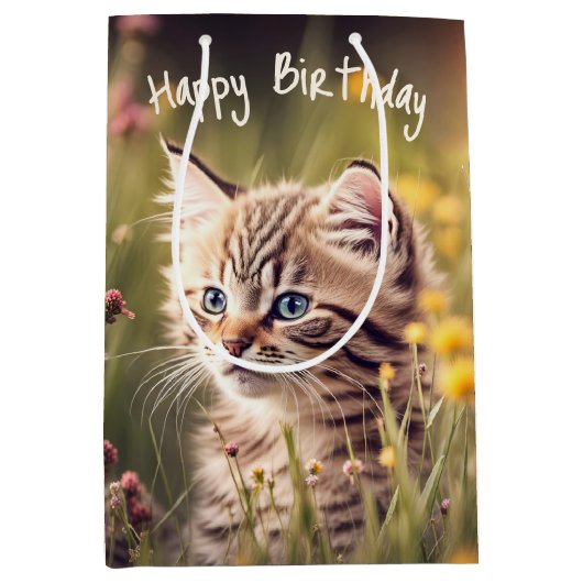 Sac Cadeau Moyen Tabby Kitten Anniversaire En Fleur sauvage (Devant)