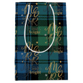 Sac Cadeau Moyen Tartan de Noël Script Vert Bleu Chèque Plaid (Devant)