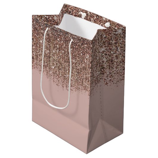Sac Cadeau Moyen Taupe Blush Rose Bronze Or Glitter Glam (Devant Angle)