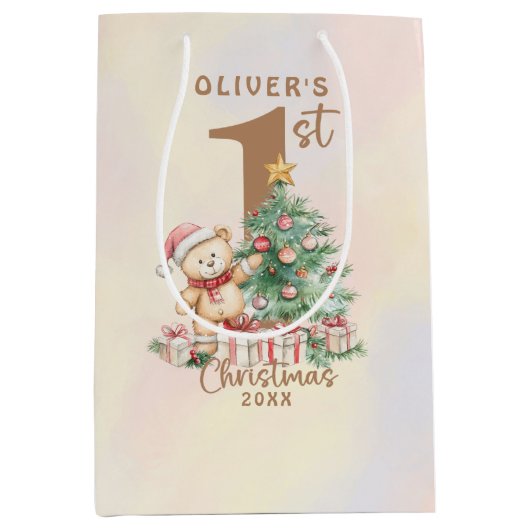 Sac Cadeau Moyen Teddy Bear 1er Noël avec arbre et cadeaux (Devant)