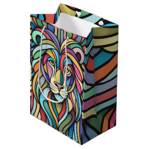 Sac Cadeau Moyen Tête de lion colorée détaillée