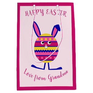 Sac Cadeau Moyen Texte personnalisé de lapin d'oeuf de Pâques rose