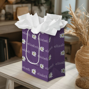 Sac Cadeau Moyen Texte personnalisé marguerite mauve et jaune