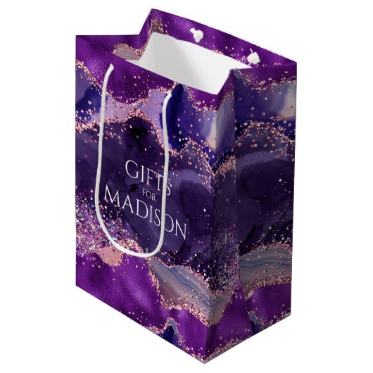 Sac Cadeau Moyen Texture de l'agate de la Glitterie violette (Devant Angle)