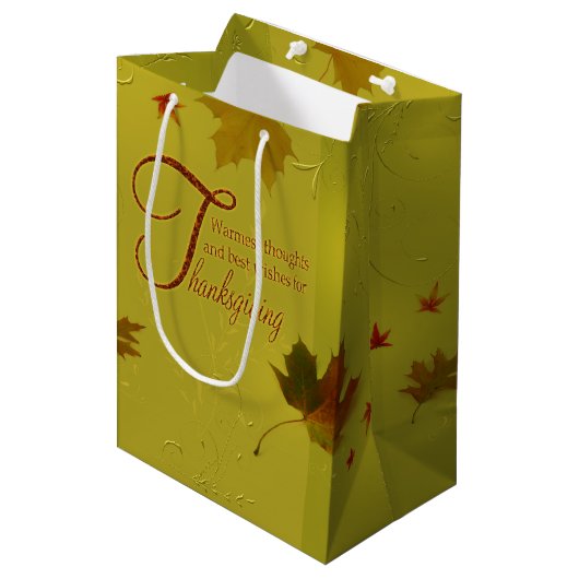 Sac Cadeau Moyen Thanksgiving veut typographie Feuilles (Devant Angle)