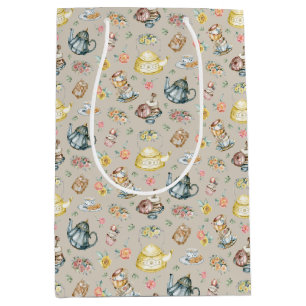 Sac Cadeau Moyen Thé d'après-midi vintage et Motif Rose sur beige
