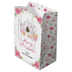 Sac Cadeau Moyen Thé de Noël de vacances Rose Joyeux Noël