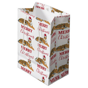 Sac Cadeau Moyen Tigre de Noël drôle animal avec chapeau de Père No