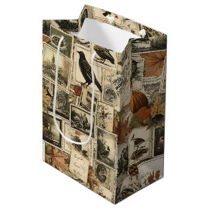 Sac Cadeau Moyen Timbres Antiques d'Automne Rustique Oiseaux Citrou