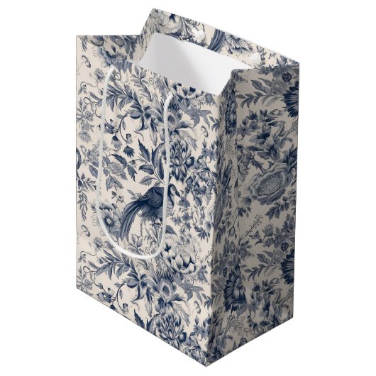 Sac Cadeau Moyen Toile bleue vintage Fleurie (Devant Angle)