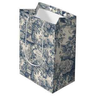 Sac Cadeau Moyen Toile de Jouy Florale Monogramme Bleu Vintage Chic