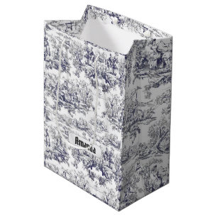 Sac Cadeau Moyen Toile de Jouy Florale Monogramme Noir Vintage