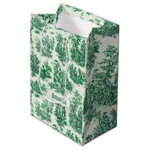 Sac Cadeau Moyen Toile de Jouy Florale Verte Vintage Monogramme