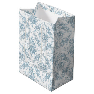 Sac Cadeau Moyen Toile floral bleu et blanc gravé élégant