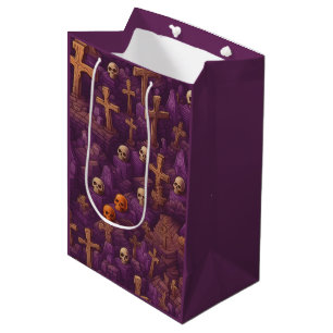 Sac Cadeau Moyen Tombes violettes Crânes argent Bronze Halloween